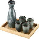 6 Piece Sake Set, Traditional Retro JapanCeramic Sake Cups Set, with 4 Sake Cups, 1 Sake Pot and 1 Tray (A)