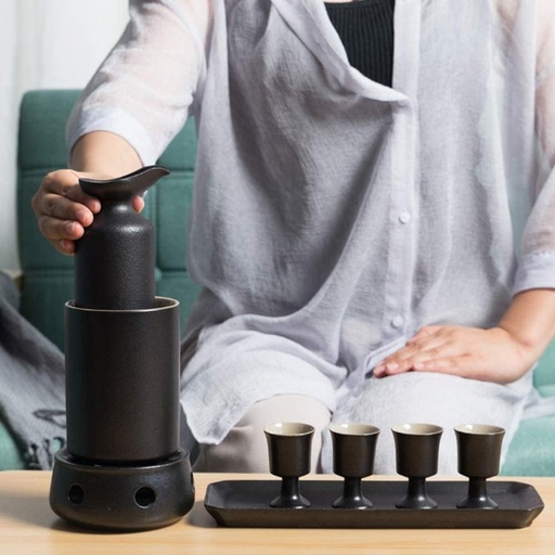 [BRSRAFAKCIORAD32] Sake Cup Set Sake Set Japanese 8-Piece Sake Set, Black Glaze 10 Oz Wine Glass Set with Candle Stove and Warming Pot Tray, Quaint Sake Set, for Cold/Warm Sake Pot Set
