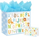 Laidans 13" Large Baby Boy Gift Bag for Baby Shower Birthday with Tissue Paper and Greeting Card (ABC Alphabet Animal Design)