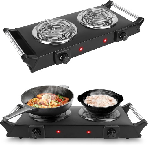 [BRSRAGD7CAFGYYD7] 2000W Hot Plate,Portable Electric Stove Countertop Double Coil Burners W/5 Level Temperature Control & Stay Cool Handles, Easy to Clean, Lightweight Cast Iron Electric Stove for RV/Home/Camp 110V