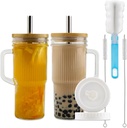 Ribbed Glass Cups with Bamboo Lids and Straws, Iced Coffee Tumbler with Handle, Mason Jar with Lid 24oz - Wide Mouth Drinking Glasses, Boba Cup Smoothie Tumbler Iced Coffee Cups, 2pack (Modern)