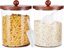 Set of 2 Large Glass Food Storage Jar-101 FLOZ, Flour and Sugar Storage Containers for Kitchen Counter with Wooden Airtight Lid & Base,Kitchen Storage Jars for Coffee,Rice,Candy, Cookie