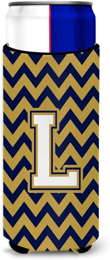 [BRSWKYAADECRSAA7] Letter L Chevron Navy Blue and Gold Ultra Beverage Insulators for slim cans