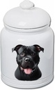 Best of Breed American Pit Bull Black Dog and Cat Ceramic Treat Jar 9" Tall Air Tight Seal All White