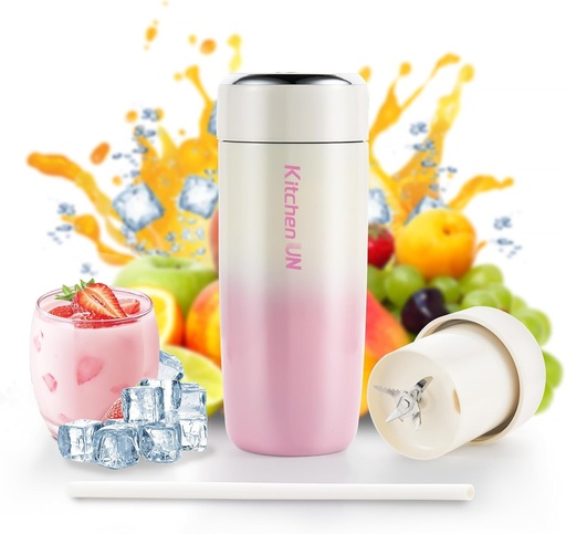 [BRSREZAFOR6R6ALO] Portable Stainless Steel Blender Cup with 6H Insulated 16oz Design, USB-C Rechargeable Personal Fruit Mixer, Crushes Small Ice Cubes for Fresh Drinks, Travel/Office/Gym – Pink