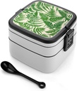 Adult Double-Layer Bento Box Fern Green Plant Portable Lunch Box with Spoon And Invisible Handle Leakproof Microwave-Safe Food Container for Work Travel Camping