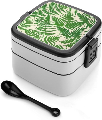 [BRSREHQROYIW233P] Adult Double-Layer Bento Box Fern Green Plant Portable Lunch Box with Spoon And Invisible Handle Leakproof Microwave-Safe Food Container for Work Travel Camping