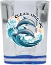 Ocean Isle North Carolina Dolphin Waves Design Souvenir 2 Ounce Shot Glass Square Blue Base 4-Pack