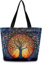Stained Glass World Tree Tote Bag Reusable Grocery Bags Aesthetic Shopping Shoulder Handbag with Interior Pocket Lightweight & Washable Stylish Stained Glass Tree Present for Women