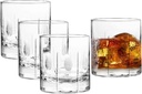 QUALIA Gulfstream Crystal Whiskey Glasses Set of 4 14 Oz Old Fashioned Glass Tumbler with Etched Line and Dots, Heavy Whiskey Glasses Cocktail Glasses Cocktail Gift Set Whiskey Gifts For Men