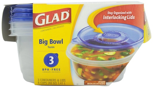 [BRSWIYQ7AF5QYHAZ] Glad Ware Big Bowl Containers with Lids, Round Size, 3 ct, 48 ounce