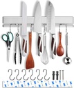 12 Inch Magnetic Knife Holder for Wall with 6 Hooks No Drill-Double Magnetic Bar Strong Adhesive Knife Magnetic Strip-Kitchen Utensil Hanger-304 Stainless Steel Magnetic Kitchen Knife Rack