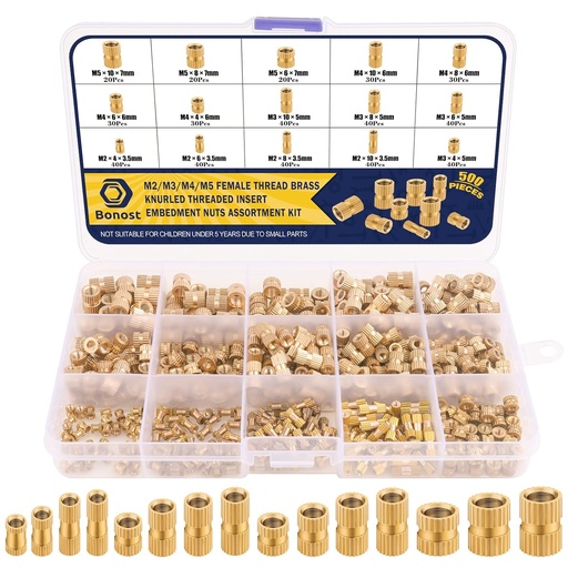 [BRSW2CDYCUIRAYDV] 500Pcs Threaded Inserts Kit M2 M3 M4 M5 - Female Thread Heat Set Insert, Brass Knurled Thread Insert Nuts for Plastic Injection Molding(Metric)