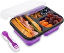 Collapsible Food Container - Purple Bento Lunch Box with 3 Compartments and Silverware in Lid