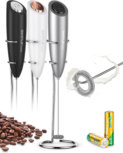 [BRSWKHQHAUIBOELA] SIMPLETaste Milk Frother Handheld Battery Operated Electric Foam Maker, Drink Mixer with Stainless Steel Whisk and Stand for Cappuccino, Bulletproof Coffee, Latte