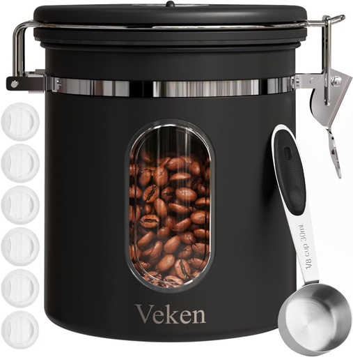[BRSROBIBOYJR6FY7] Veken Coffee Canister with Window, Airtight Stainless Steel Kitchen Food Storage Container with Lids, Date Tracker and Scoop for Grounds Coffee, Beans, Tea, Flour, Cereal, Sugar Jars, 16OZ, Black