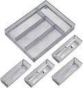 Neudeco Drawer Organizer Set 5 Pack - 4-Compartment Silverware Organizer Tray + 4 Utensil Trays, Kitchen Drawer Organizer for Flatware, Cutlery, Office Supplies, Silver Mesh, Non-Slip,Silver
