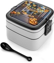 Pumpkin Skewers Bento Box Double-Layer Bento Lunch Container with Spoon And Invisible Handle Adult Leak-Proof Lunchbox for Dining Out Work Picnics Travel