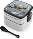 World War 2 Aircraft Airplane Bento Box Double Layer Lunch Box for Adults with Spoon And Handle Stackable Lunchbox Leakproof Lunch Container for Work Picnic Travel