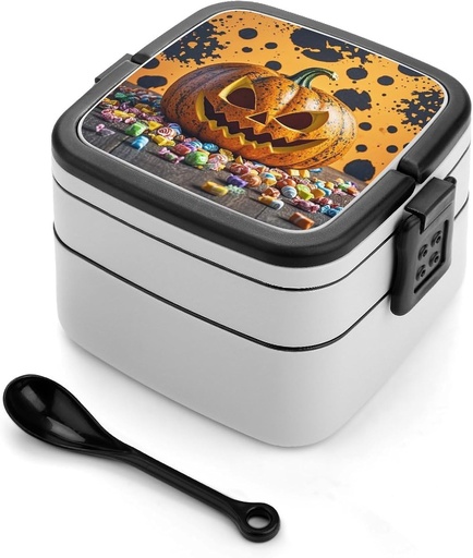 [BRSREZDYBYARYFY3] Pumpkins And Candies Bento Box Double-Layer Bento Lunch Container with Spoon And Invisible Handle Adult Leak-Proof Lunchbox for Dining Out Work Picnics Travel