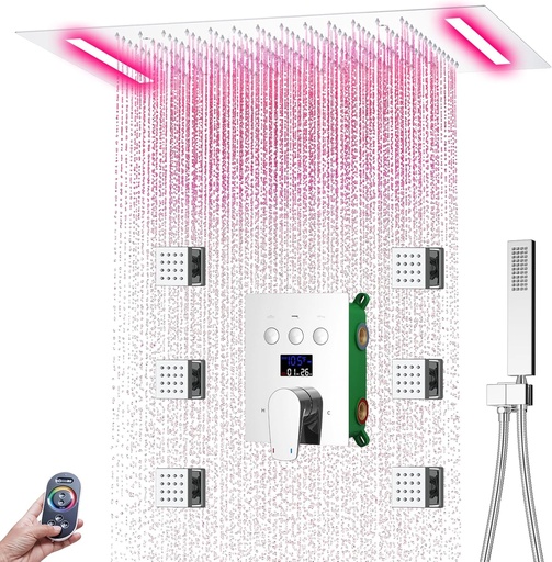 [BRSREHAKOIIQ423J] Digital Display Shower Faucet Set With 14x20 Inch LED Rainfall Shower Head,Brass Handheld Sprayer And 6pcs Body Jets,Full Body Shower System (Chrome)