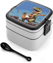 Dinosaur Playing Guitar Bento Box, Reusable Double Layer Lunch Box with Handle & Dividers, 1000ml Leakproof Lunch Container for Office, Picnic, Travel