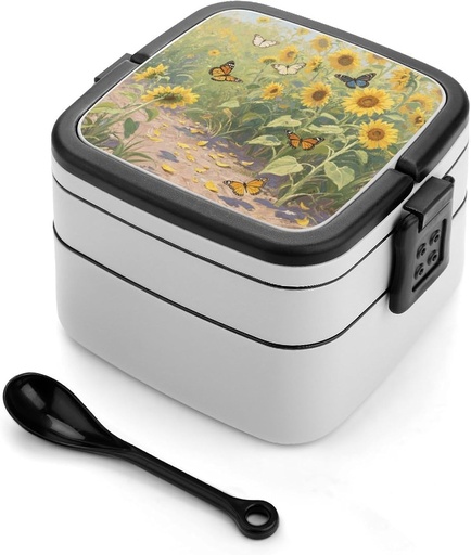 [BRSREGIQAACQAAYV] Sunflowers Print Bento Box - Double Layer, Leakproof Food Containers with Partition & Spoon, Stackable Lunch Box for Office, Travel, Camping
