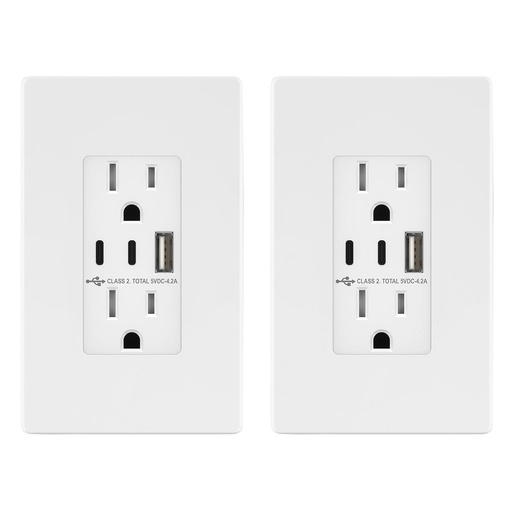 [BRSWGAYLCUNB433U] TOPGREENER 4.2A 3-Port Type C USB Outlet, 15 Amp Receptacle Plug, Charging Power Outlet with Dual Type C&A Ports, Screwless Wall Plate Included, UL Listed, TU21542AC2-WSID, White, 2 Pack