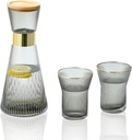 Gold Rim Bedside Water Carafe and Glass Set, 34 oz Bedroom Nightstand Vintage Ribbed Glass Carafe with Two Cups, Water Pitcher Set (Grey)