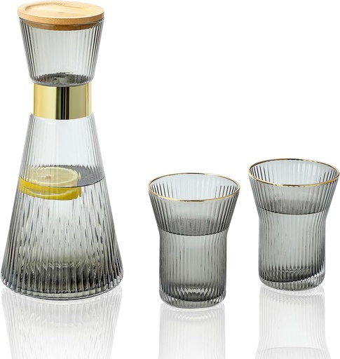 [BRSRMBA3PMPWMD3G] Gold Rim Bedside Water Carafe and Glass Set, 34 oz Bedroom Nightstand Vintage Ribbed Glass Carafe with Two Cups, Water Pitcher Set (Grey)