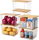 6 Pack Clear Stackable Storage Bins with Bamboo Lids, Trash Bag Holder Dispenser Under Sink Organizer for 4-13 Gal Bags, Plastic Storage Containers for Pantry Bathroom Kitchen Organization