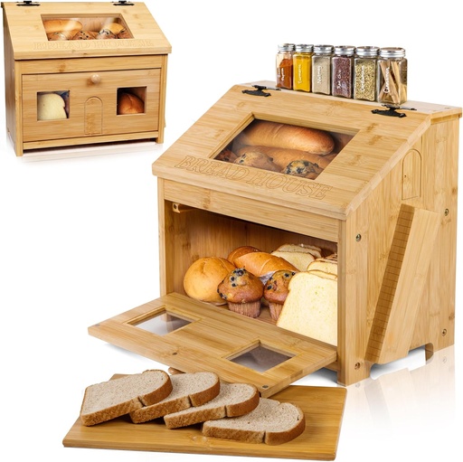[BRSRMAY7C57QO3AV] Bread Box for Kitchen Countertop – Large Wooden Bamboo Bread Box with Cutting Board (SELF-ASSEMBLY)