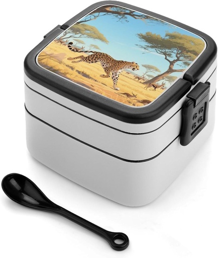 [BRSWGADQC4BBGHTH] Cheetahs on The Grasslands Bento Box Double Layer Lunch Box for Adults with Spoon And Handle Bento Boxes Leakproof One-piece Stackable Lunchbox for Work Picnics And Travel