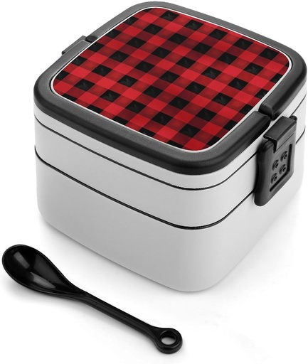 [BRSRAFL5B4AQADLZ] Bento Box Stackable 2 Layers Containers Adult Lunch Box Red Black Buffalo Check Plaid Lunchbox for Women Men All-in-One Meal Prep Containers Leakproof Lunch Containers for Work
