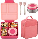 Itslife Bento Lunch Box for Kids with 8oz Soup Thermo&Lunch Bag, Leak-Proof Lunch Food Containers with 4 Compartment, Hot Food Insulated Food Jar for Kids School (Pink&Grey)