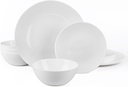 Dinnerware Sets for 4, Light & Durable 12 Pieces Opal Glass Plates and Bowls Set, Dishwasher and Microwave Safe Dish Dinning Ware, Thin but Strong Geometric Faceted White
