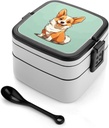 Bento Box Stackable Lunch Box with 2 Compartments Leak-Proof Food Storage Containers Corgi Cute Dog Bento Lunch Box for Adults Lunch Containers with Utensil Set, Black