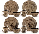 16 Piece Stoneware Cabin Lodge Theme Vintage Dinnerware Set - Allover Hunting Theme Bears Moose Lions Animal Print Black & Tan Brown Color Round Shaped Farmhouse - for 4