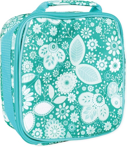 [BRSWEBA7CF5QYA3X] Teal Floral Motif Water Resistant Zipper Closure Insulated Soft Cooler Lunch Bag