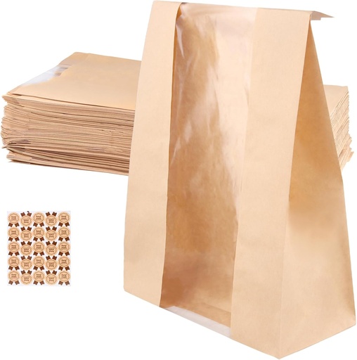 [BRSRAFAKCEMWED3J] 150 Pack 13.7 x 8.2 x 3.5 Inch Pale Brown Kraft Paper Bread Bags Bulk with Stickers Bakery Bags, Bakery Storage with Clear Window for Packaging Baked Food Bread Storage