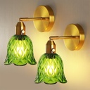 Vintage Wall Sconces Set of 2 - Hardwired Wall Lights with Green Tulip Glass Shade,Brass Wall Lamps for Bathroom Bedroom Stairway Bathroom Living Room Corridor(Bulbs Not Included,E26 Socket)