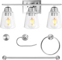 hykolity 3-Light Vanity Light Fixture, 5-Piece All-in-One Bathroom Set with Towel Bar, Ring, Robe Hook & Toilet Paper Holder for Bathroom Mirror Lighting, Brushed Nickel Wall Light with Glass Shade