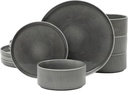Gibson Elite Solana Coast 12 Piece Stoneware Reactive Glaze (Service for 4) Ceramic Plates and Bowls Modern Shape Embossed Dinnerware Set - Black