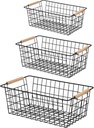 Metal Wire Storage Baskets with Wooden Handles - Set of 3 Heavy Duty Ventilated Storage Organizer Bins for Kitchen, Pantry, Bathroom and Cabinet, Black (1 Small, 1 Medium, 1 Large)