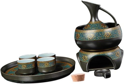 [BRSREZDRB56AE2TF] Ceramic Sake Set Cups with Warmer Hot Saki Drink Japanese Drinkware Porcelain Pottery Traditional for House Warming Tea Party