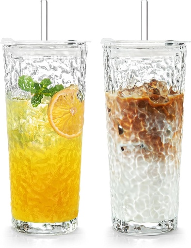 [BRSREZIRCV5QGDQ7] Puraville 2 Pack 18oz Glass Cups with Lids and Straws, Vintage Glacier Pattern Thickened Glassware for Whiskey Cocktail Beer, Mason Jar Drinking Glasses Tumbler Iced Coffee Cup, Clear
