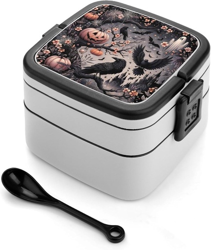 [BRSREHD3AQHAGHTZ] Raven Crow Pumpkin Ghost Halloween Double Layer Bento Box Lunch Box with Spoon Reusable Bento Case Leak-Proof Food Containers for Work Picnic Camping