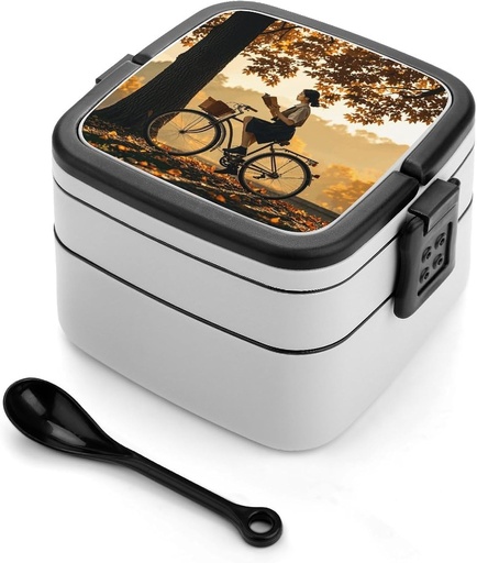 [BRSRAFQLOUGR6DL6] Bento Box Stackable Lunch Box with 2 Compartments Leak-Proof Food Storage Containers Silhouette of A Women on A Bicycle in The Fall Bento Lunch Box for Adults Lunch Containers with Utensil Set