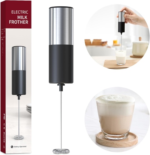 [BRSRAYA2AAMW2D3H] Electric Milk Frother Handheld Drink Mixer Hand Coffee Whisk Blender Foam Maker Egg Beater, Battery Operated Stainless Steel Whisk & Body, Milkshake Matcha Whisk, Mousseur à Lait Électrique