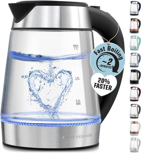 [BRSRA2TYAUGW2A3U] Zulay Kitchen Fast-Boiling Electric Kettle - 1.7L Hot Water Kettle 1500W With Auto Shut-Off - Water Boiler For Coffee & Tea - Boil-Dry Protection, Cool-Touch Handle, 360° Base - Black